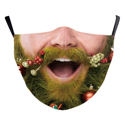 Christmas dustproof face mask with a digital print of a man's face featuring a grey beard and yellow lights. - Image 9