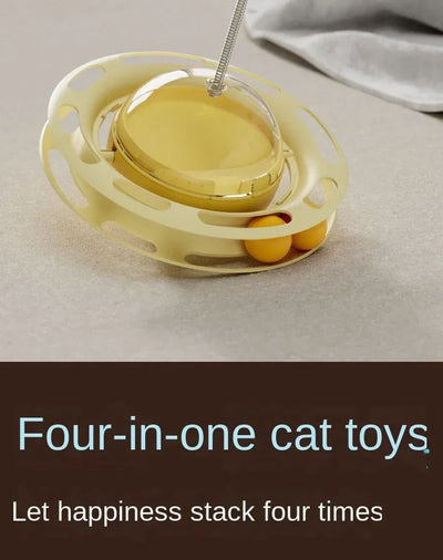 Yellow UFO tumbler cat toy with rolling balls, a clear dome, and a spring-mounted feather wand with a bell. - Image 12