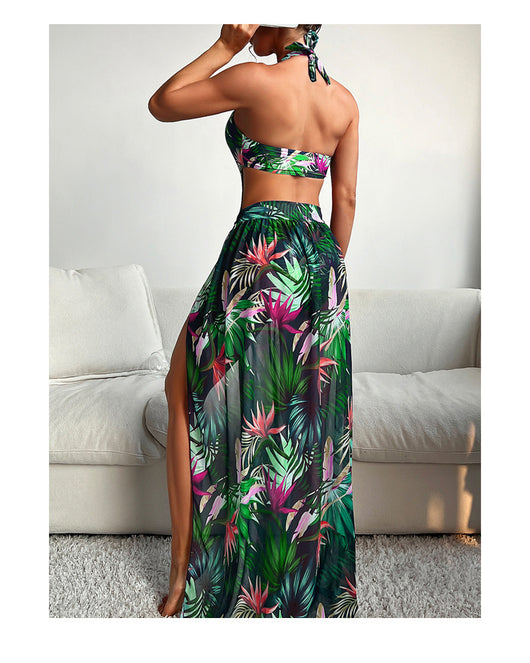 Yellow tropical print three-piece bikini set with halter top, high-waisted bottoms, and long cover-up skirt with high slit. - Image 10