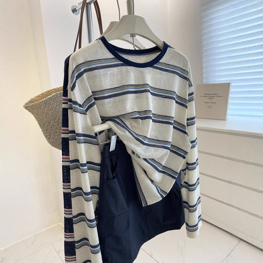 Blusa Retro a Rayas con Cuello Clásico - Suéter Holgado y Estilizador para Mujer - Image 2