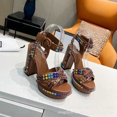 Sandalias Romanas de Tacón Grueso con Plataforma, Cuero Auténtico y Strass - Image 9
