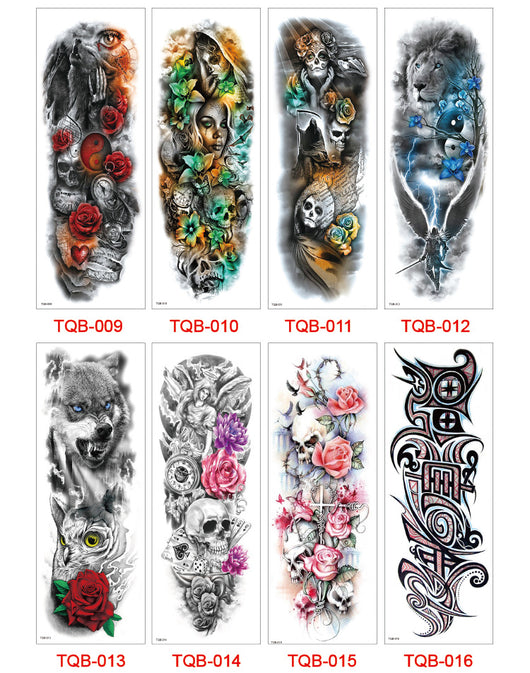 Full arm temporary tattoo sticker with a black, red, and light blue tribal design, featuring abstract shapes and patterns. - Image 52