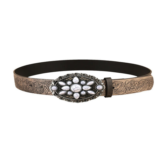 Cinturón Estampado Retro Blanco con Gemas - Accesorio Versátil para Cualquier Outfit - Image 4