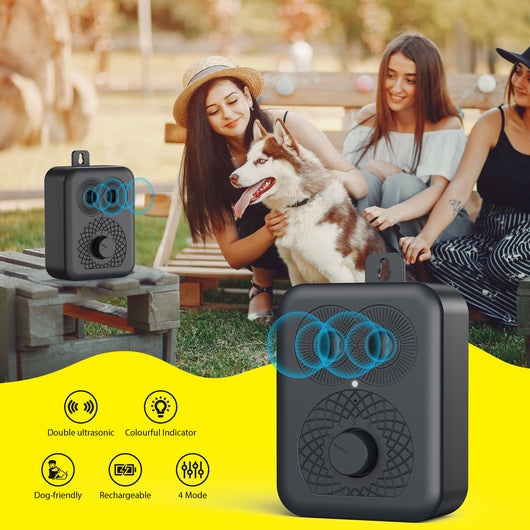 Black rechargeable anti-dog barking device with two speaker grilles, a white indicator light, and a numbered rotary dial. - Image 18