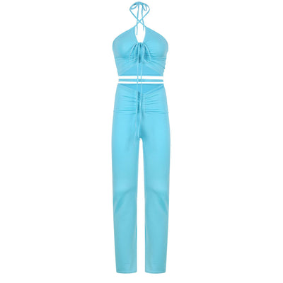 Conjunto Bandage Streetwear Azul Años 2000 - Top Halter y Pantalón Acampanado Cintura Alta - Image 4