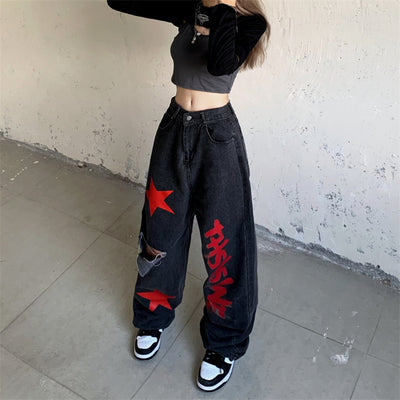 Jeans Rectos Anchos con Estampado de Estrellas Vintage y Roturas - Image 11