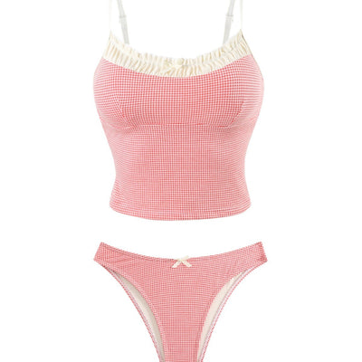 Gingham two-piece swimsuit with a camisole top featuring ruffled trim and a bow, paired with high-cut bikini bottoms. - Image 2