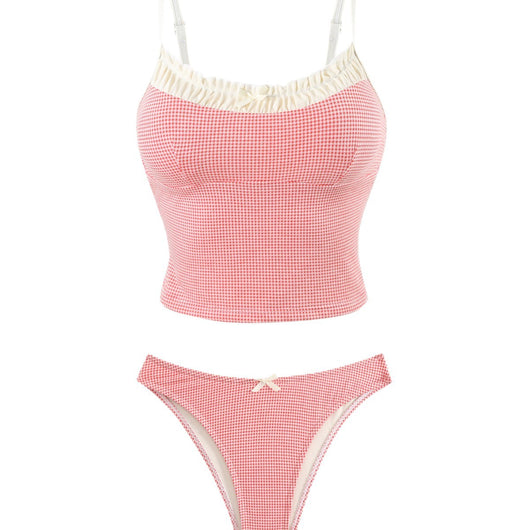Gingham two-piece swimsuit with a camisole top featuring ruffled trim and a bow, paired with high-cut bikini bottoms. - Image 2