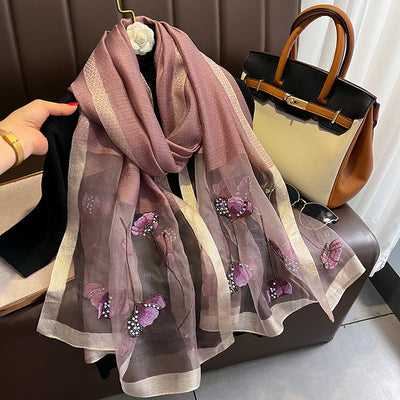 Bufanda de Seda Bordada Estilo Chino con Flores de Perla - Chal Cálido para Mujer - Image 10