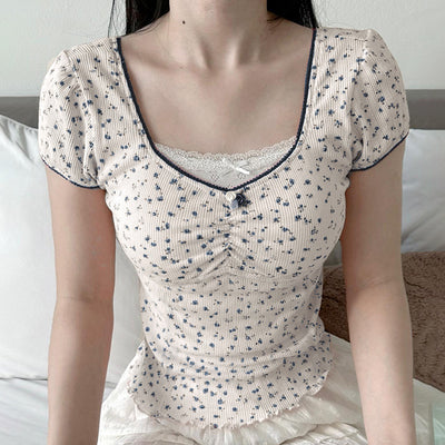 Blusa Manga Corta con Cuello Cuadrado, Pliegues y Moño de Encaje - Image 14