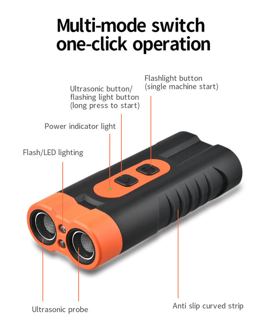 Black and orange handheld ultrasonic dog repellent with two sound emitters and two control buttons. - Image 7