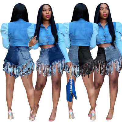 Shorts de Mezclilla con Bloques de Color y Flecos - Image 14