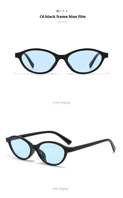 Retro fashion small frame sunglasses with translucent brown frames and yellow oval lenses, viewed from an angle. - Image 16