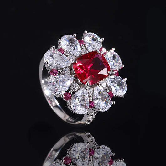 Conjunto de Joyas Plata 925 Flor Tesoro Rojo Paloma - Anillo, Aretes y Pendiente - Image 20