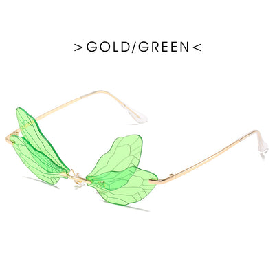 Dragonfly wing sunglasses with gold metal frames and unique brown tinted rimless lenses, suitable for adults. - Image 3