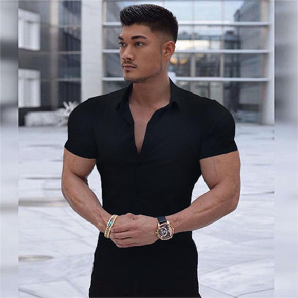 Camisa Musculada con Cuello Alzado y Mangas Cortas