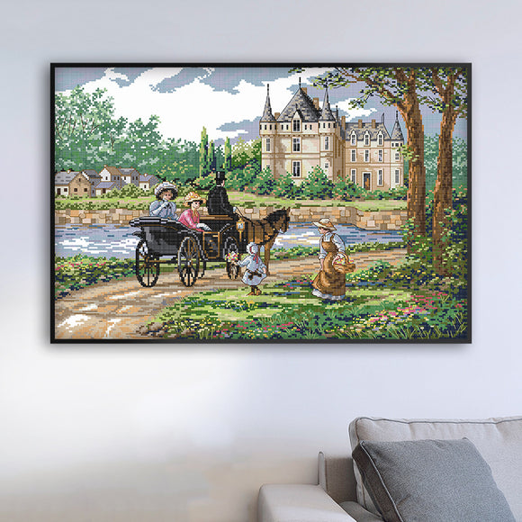 Cuadro Decorativo de Tela Bordada con Paisaje Suburbano