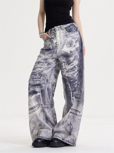 Jeans Rectos Oversize Vintage Desteñidos con Estampado Degradado para Mujer - Image 9