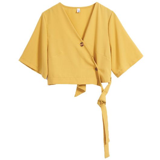 Blusa Escote V Botones Irregulares Manga Corta - Image 6