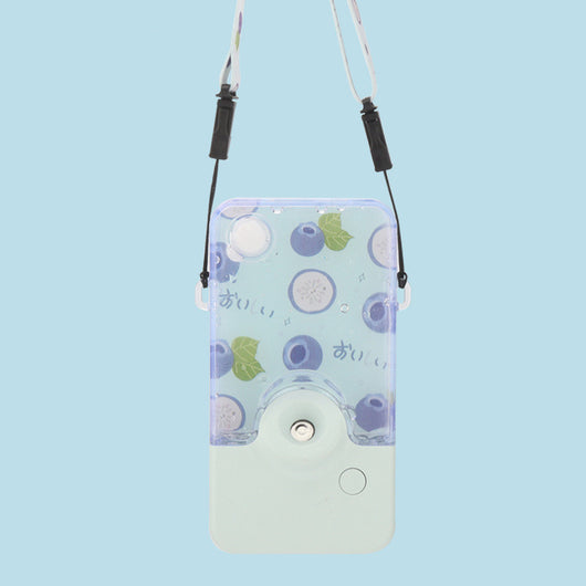 Pink and clear portable handheld humidifier with a fruit pattern, mist nozzle, and a matching pink neck lanyard. - Image 8