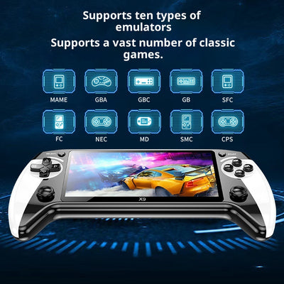 Black and white X9 portable handheld gaming console with a large screen displaying a racing game. - Image 5