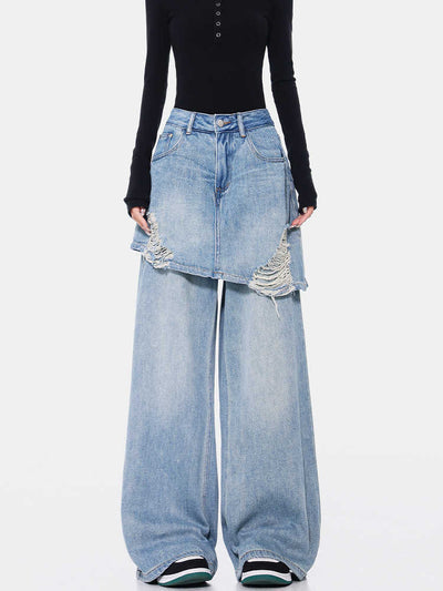 Pantalones Rectos Azul Vintage Efecto Desgastado Doble Tela para Mujer - Image 3