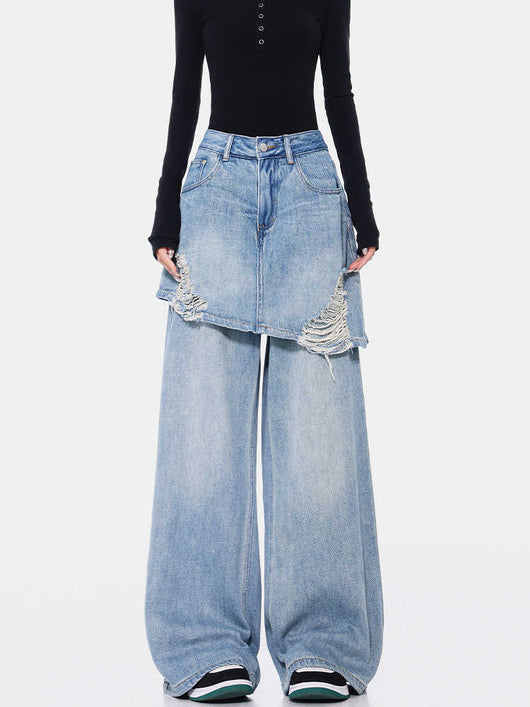 Pantalones Rectos Azul Vintage Efecto Desgastado Doble Tela para Mujer - Image 3