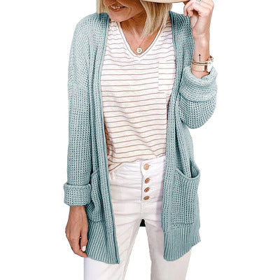 Cardigan Tejido Waffle con Bolsillos y Cuadros en Colores Lisos