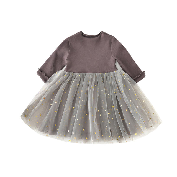 Vestido Infantil de Manga Larga con Diseño de Estrella de Cinco Puntas en Tul