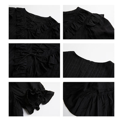 Vestido Negro Elegante con Lazos y Volantes - Image 10