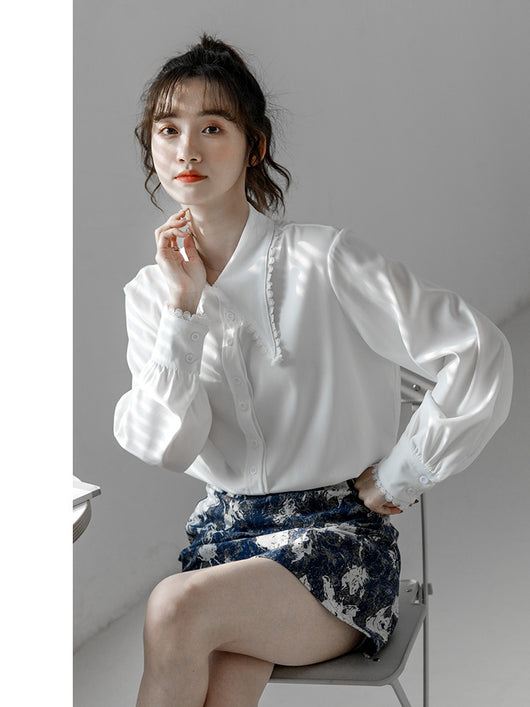 Blusa Blanca Suelta de Chifón Manga Larga para Mujer