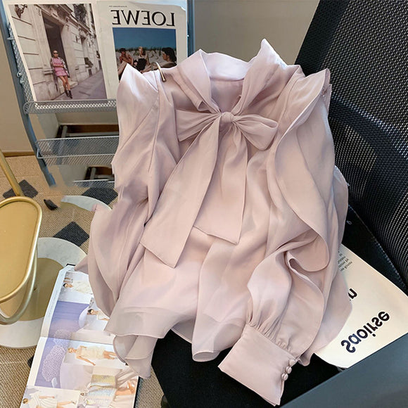 Blusa Chiffon con Moño Francés para Mujer - Corte Holgado y Elegante