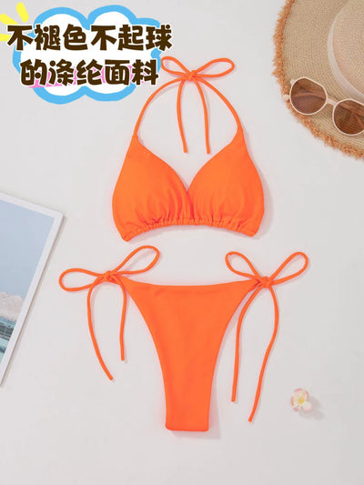 Red solid color two-piece bikini swimsuit with a halter tie-top and adjustable tie-side thong bottom. - Image 18