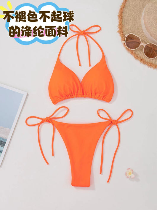 Red solid color two-piece bikini swimsuit with a halter tie-top and adjustable tie-side thong bottom. - Image 18