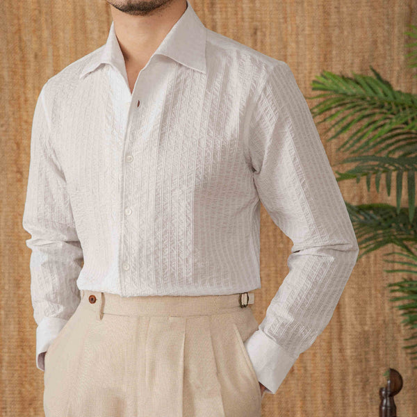 Camisa Casual de Algodón Seersucker Manga Larga Cuello Clásico