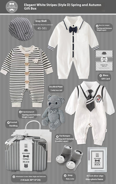 Conjunto de Regalo Elegante para Bebé Niño - Rayas Blancas y Gris - Image 5