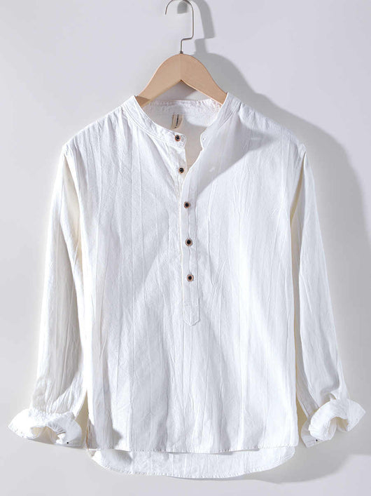 Camisa de Lino Manga Larga con Cuello Mao Estilo Retro - Image 11