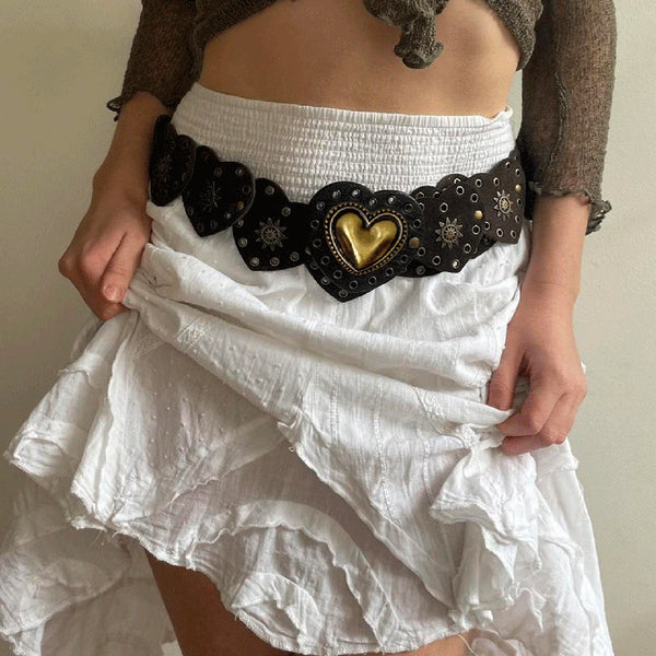 Cinturón Étnico con Hebilla de Corazón Retro y Costura Artesanal