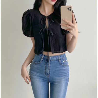 Blusa Tejida con Cordones - Manga Corta Elegante - Image 3