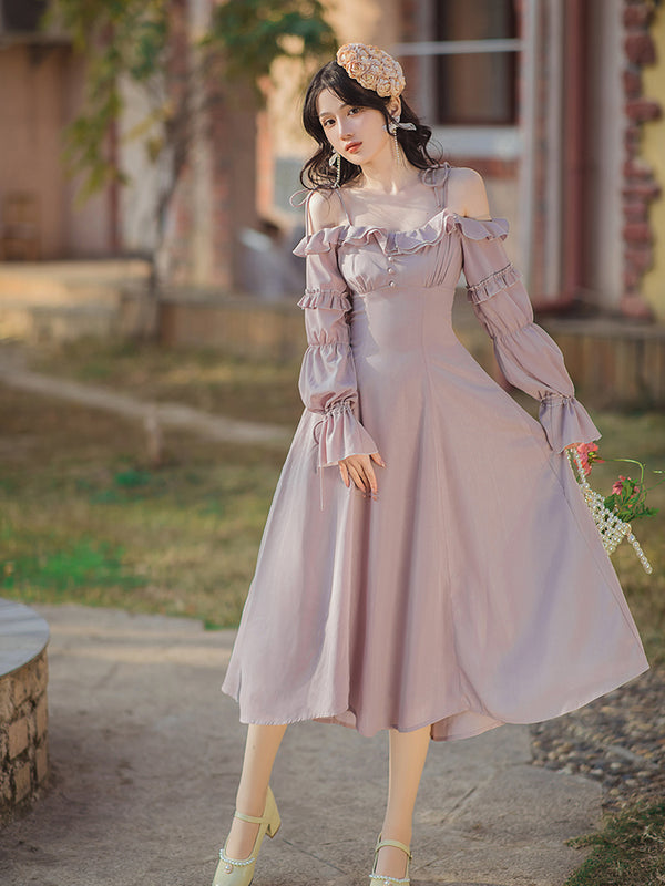 Vestido Vintage Francés Cuello Sling Lila