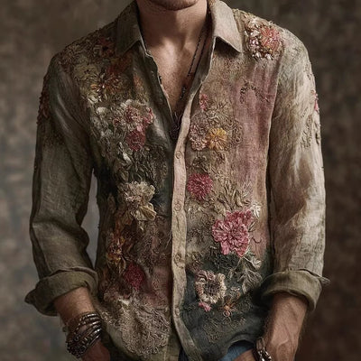 Camisa Floral Holgada de Manga Larga Estilo Retro Americano para Hombre - Image 3