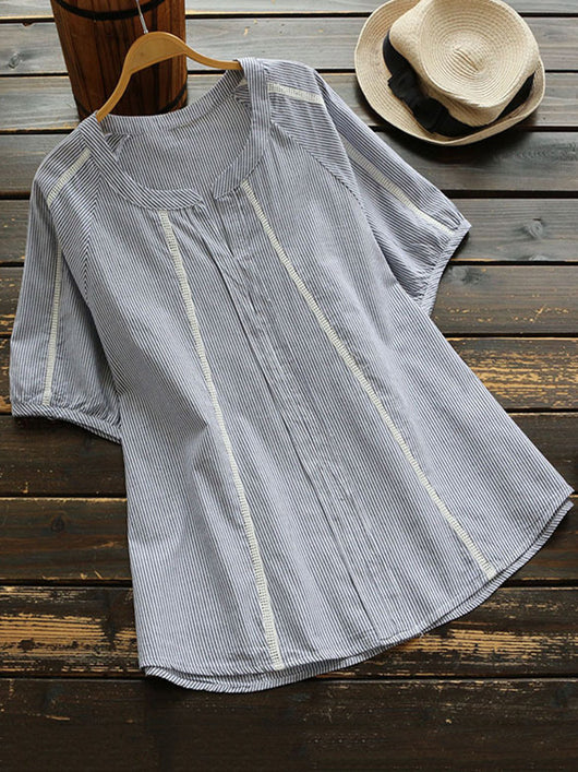 Camisa Casual de Rayas con Parches V-Neck - Image 3
