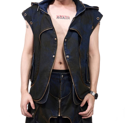 Chaleco Denim Deconstruido con Capucha - Estilo Industrial - Image 12