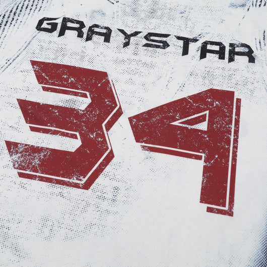 White short sleeve t-shirt with black and white abstract print, round neck, and 'GRAYSTAR' text on the front. - Image 4