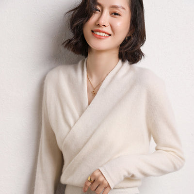 Suéter de Cashmere Cuello V Cruzado Holgado para Mujer - Image 12