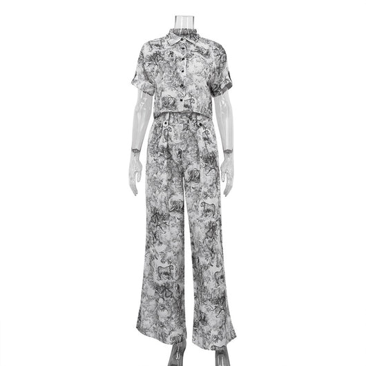 Conjunto de Dos Piezas: Camisa Estampada con Pintura China y Pantalón Ancho Cintura Alta - Image 15