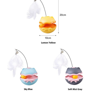 Lemon yellow electric cat toy tumbler with a white feather teaser and two teal worm-like replacement heads. - Image 12