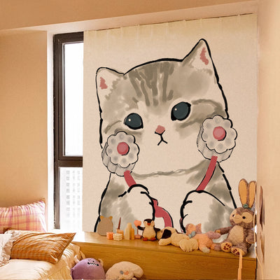 Cute cartoon curtain featuring a grey tabby kitten riding on a brown Shiba Inu puppy, with punch-free Velcro installation. - Image 6