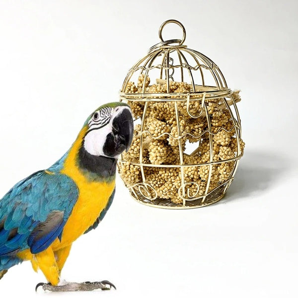 Gold metal bird cage toy filled with millet sprays, designed for pet birds to forage and play.