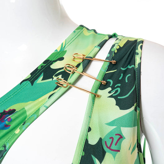 Vestido Estampado Flores con Hombro Inclinado y Detalles Calados - Image 7
